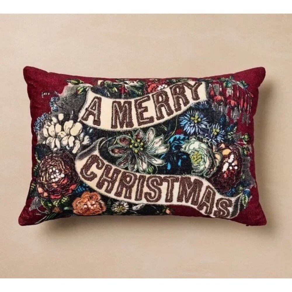 John Derian for Target 18"x12" Merry Christmas Floral Pillow Beaded Velvet Luxe